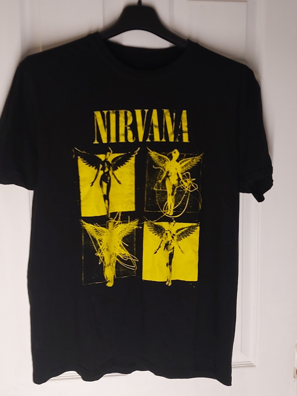 NIRVANA Black Short-Sleeve Tee with Yellow Box Angel Graphic